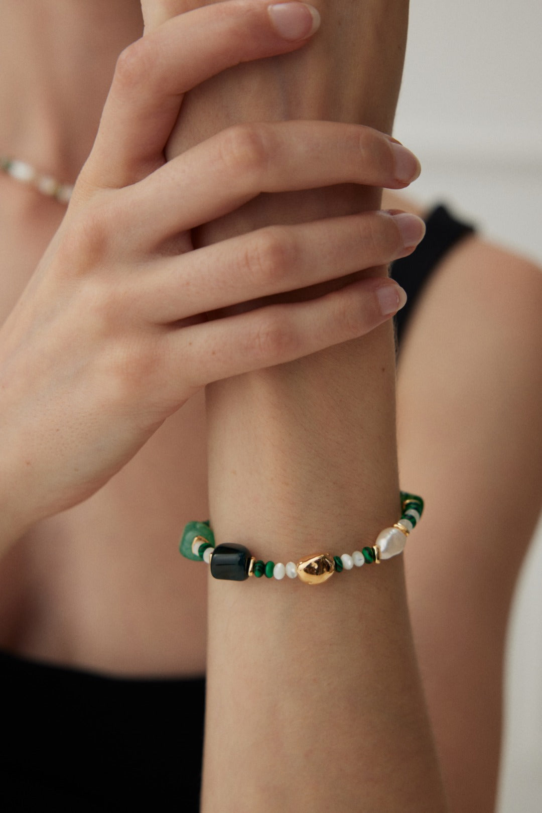 Green Agate and Malachite Bracelet with Baroque Pearl