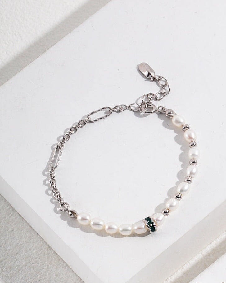 Natural Pearl and Sterling Silver Bracelet With Drip Glaze Charm