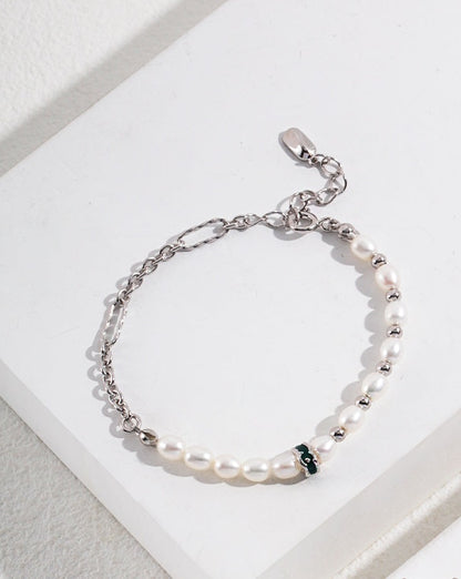 Natural Pearl and Sterling Silver Bracelet With Drip Glaze Charm