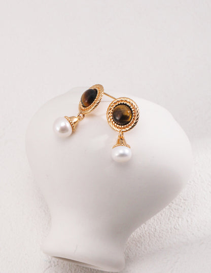 Tiger's Eyes and Natural Pearl Drop Earrings