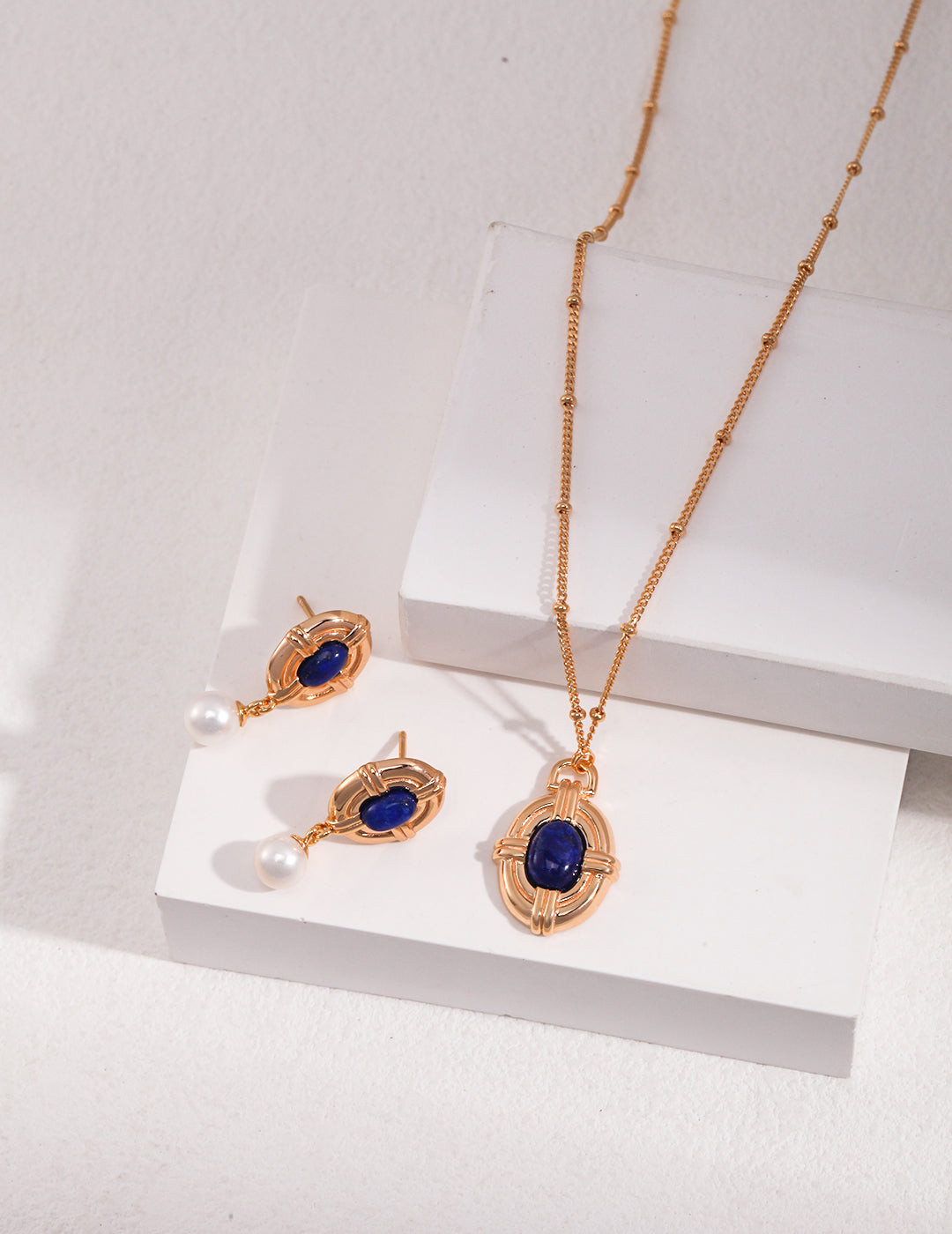 Lapis Lazuli Necklace and Pearl Drop Earrings Set