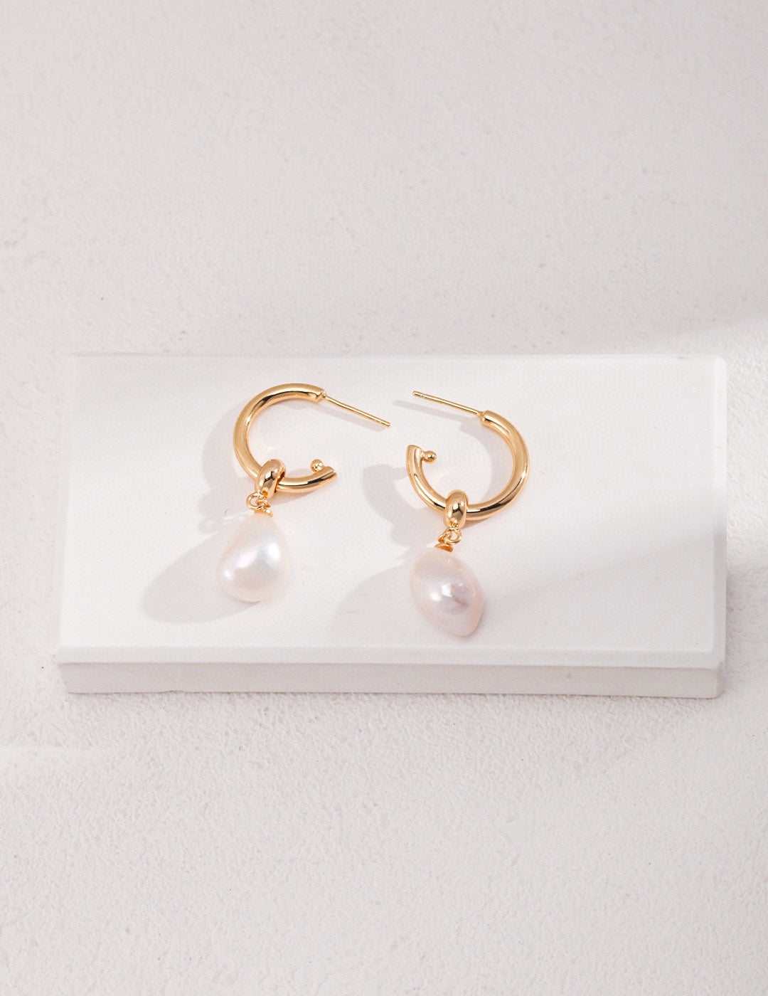 Baroque Pearl Drop Hoop Earrings in Gold-Plated Sterling Silver