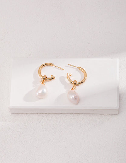 Baroque Pearl Drop Hoop Earrings in Gold-Plated Sterling Silver