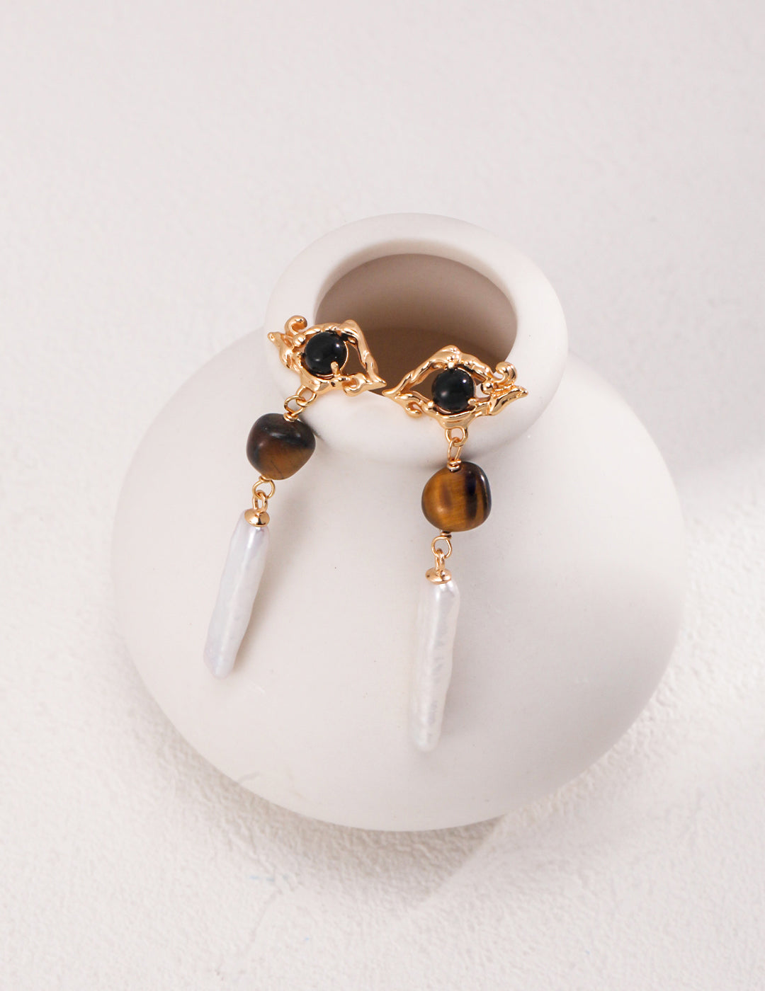 Black Agate and Tiger's Eye Earrings With Baroque Pearl Drop