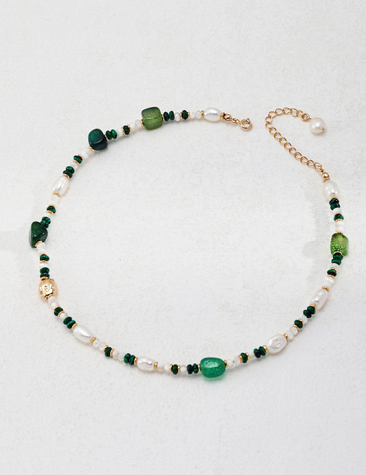 Green Agate and Malachite Necklace with Baroque Pearl