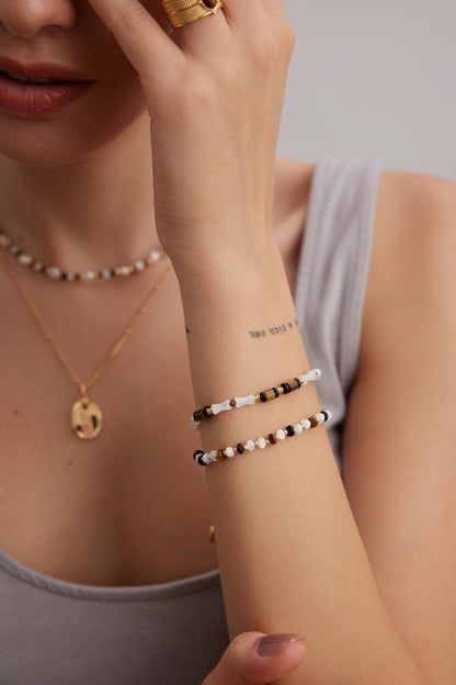 Tiger's Eye and Mother of Pearl Bracelet with Black Agate