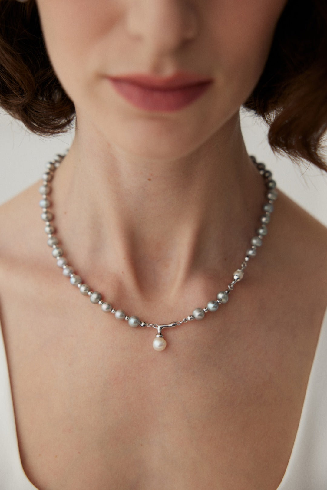 Grey Natural Pearl Sterling Silver Necklace with White Pearl Pendant