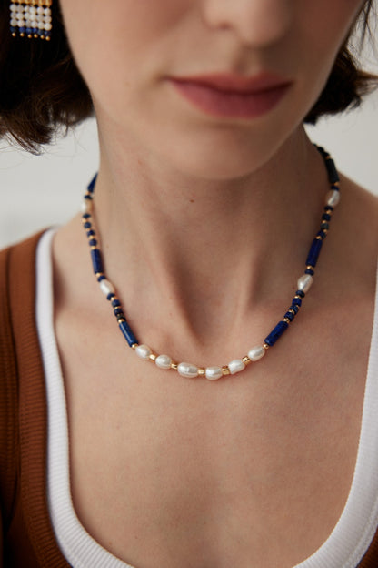 Lapis Lazuli and Natural Pearl Necklace with Gold Plated Sterling Silver