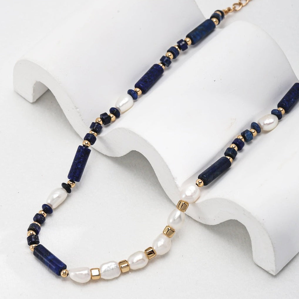 Lapis Lazuli and Natural Pearl Necklace with Gold Plated Sterling Silver