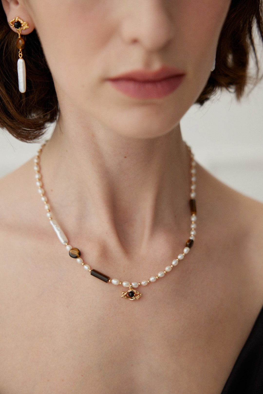 Tiger's Eye and Baroque Pearl Necklace with Black Agate Pendant