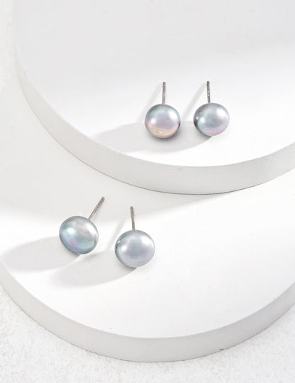 Grey Button Pearl Stud Earrings