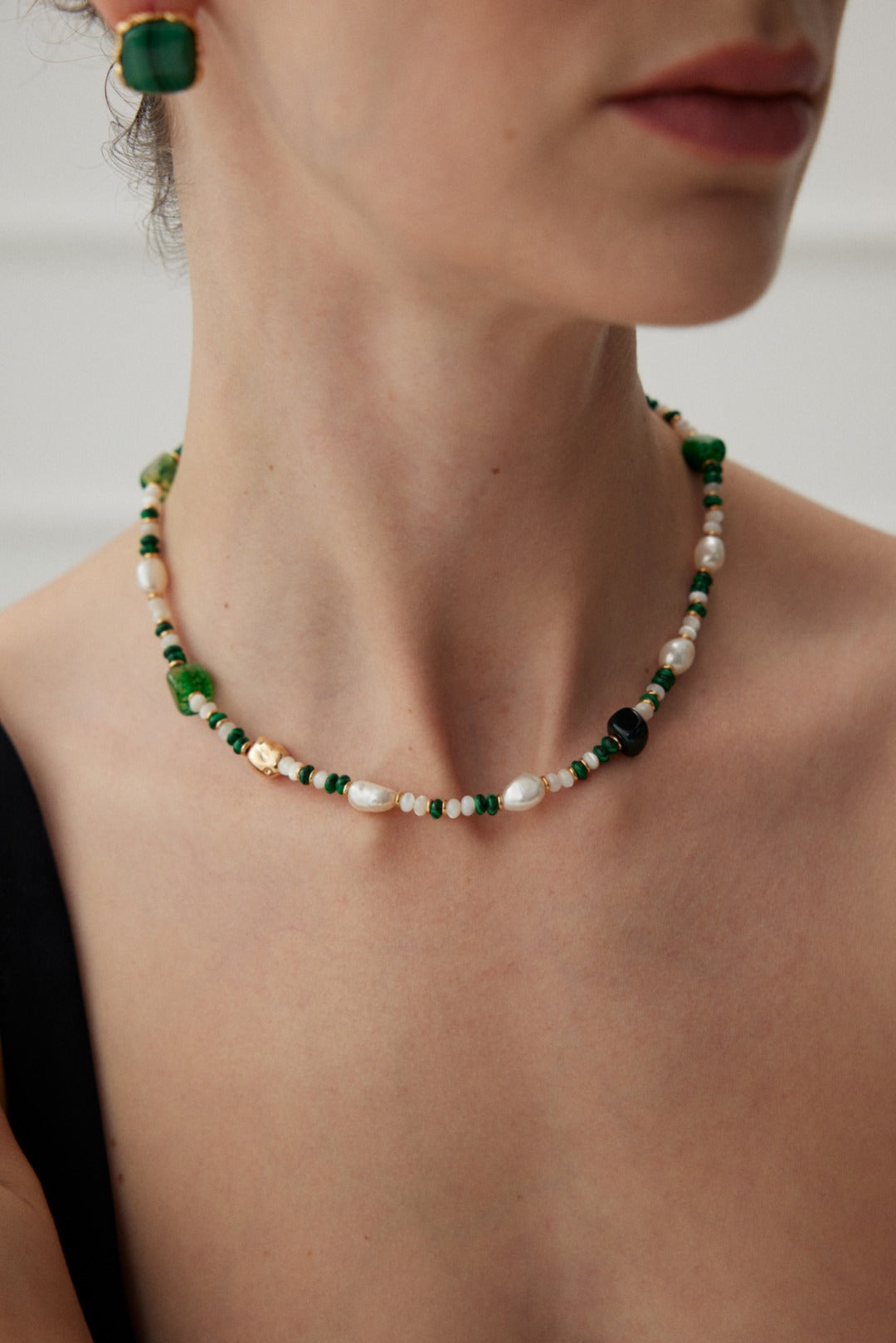 Green Agate and Malachite Necklace with Baroque Pearl