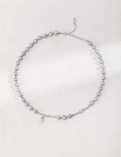 Grey Natural Pearl Sterling Silver Necklace with White Pearl Pendant