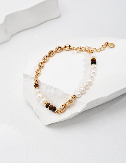 Tiger's Eye and Natural Pearl Bracelet with Gold-Plated Sterling Silver