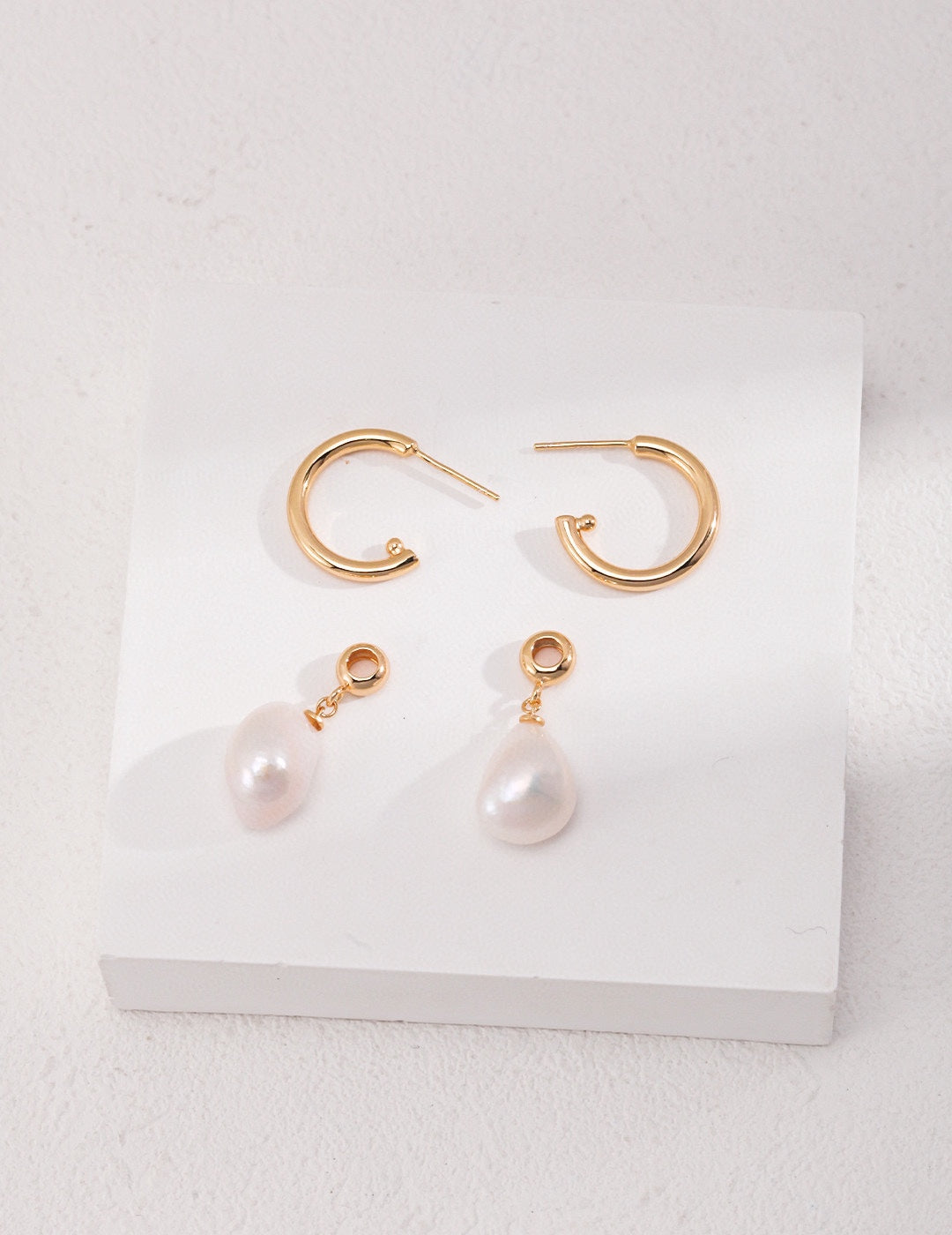 Baroque Pearl Drop Hoop Earrings in Gold-Plated Sterling Silver