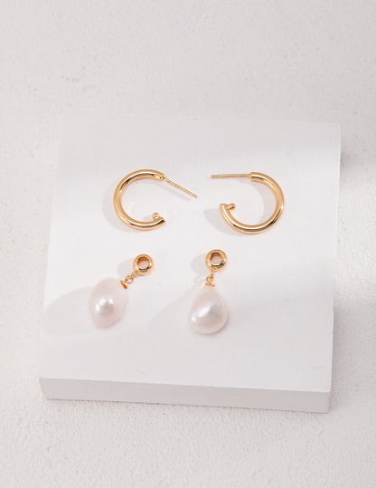 Baroque Pearl Drop Hoop Earrings in Gold-Plated Sterling Silver