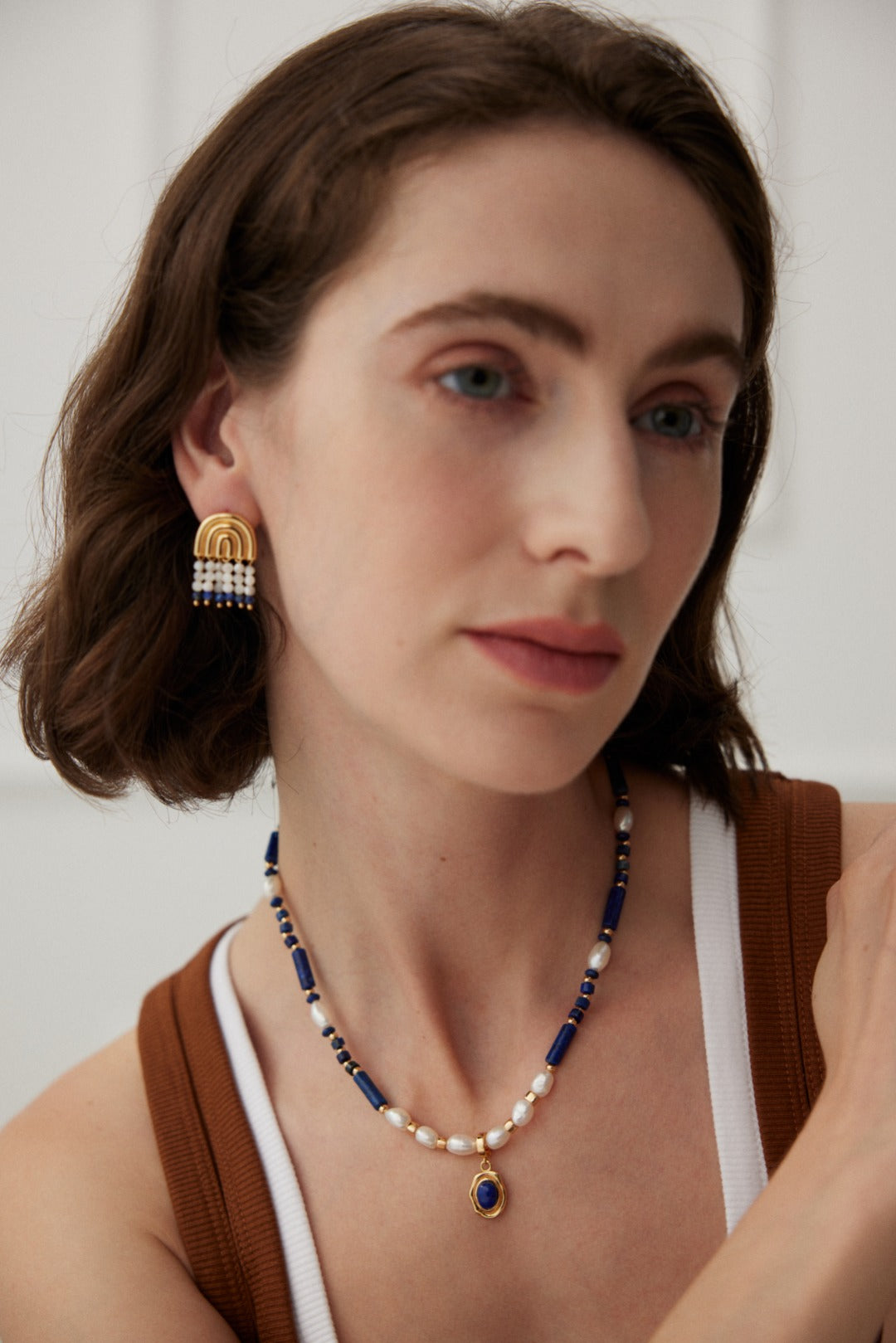 Rainbow Gold-Plated Sterling Silver Drop Earrings with Mother of Pearl and Lapis Lazuli