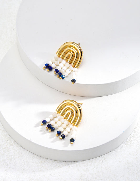 Rainbow Gold-Plated Sterling Silver Drop Earrings with Mother of Pearl and Lapis Lazuli