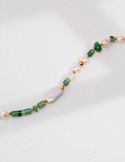 Aventurine and Baroque Pearl Necklace with Green Strawberries Quartz