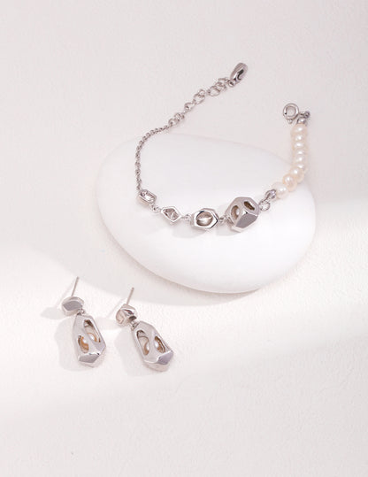 Hallow Style Sterling Silver with Natural Pearl Bracelet