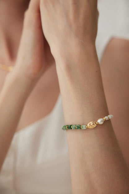 Transvaal Jade Bracelet with Natural Pearl and Gold-Plated Sterling Silver