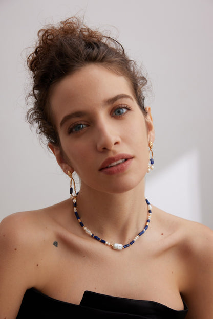 Lapis Lazuli and Natural Baroque Pearl Necklace with Gold Plated Sterling Silver Beads