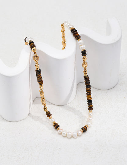 Tiger's eye with Natural Pearl Sterling Silver Necklace