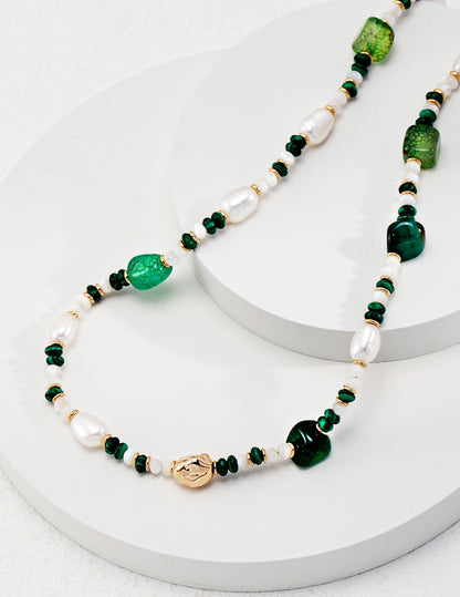 Green Agate and Malachite Necklace with Baroque Pearl