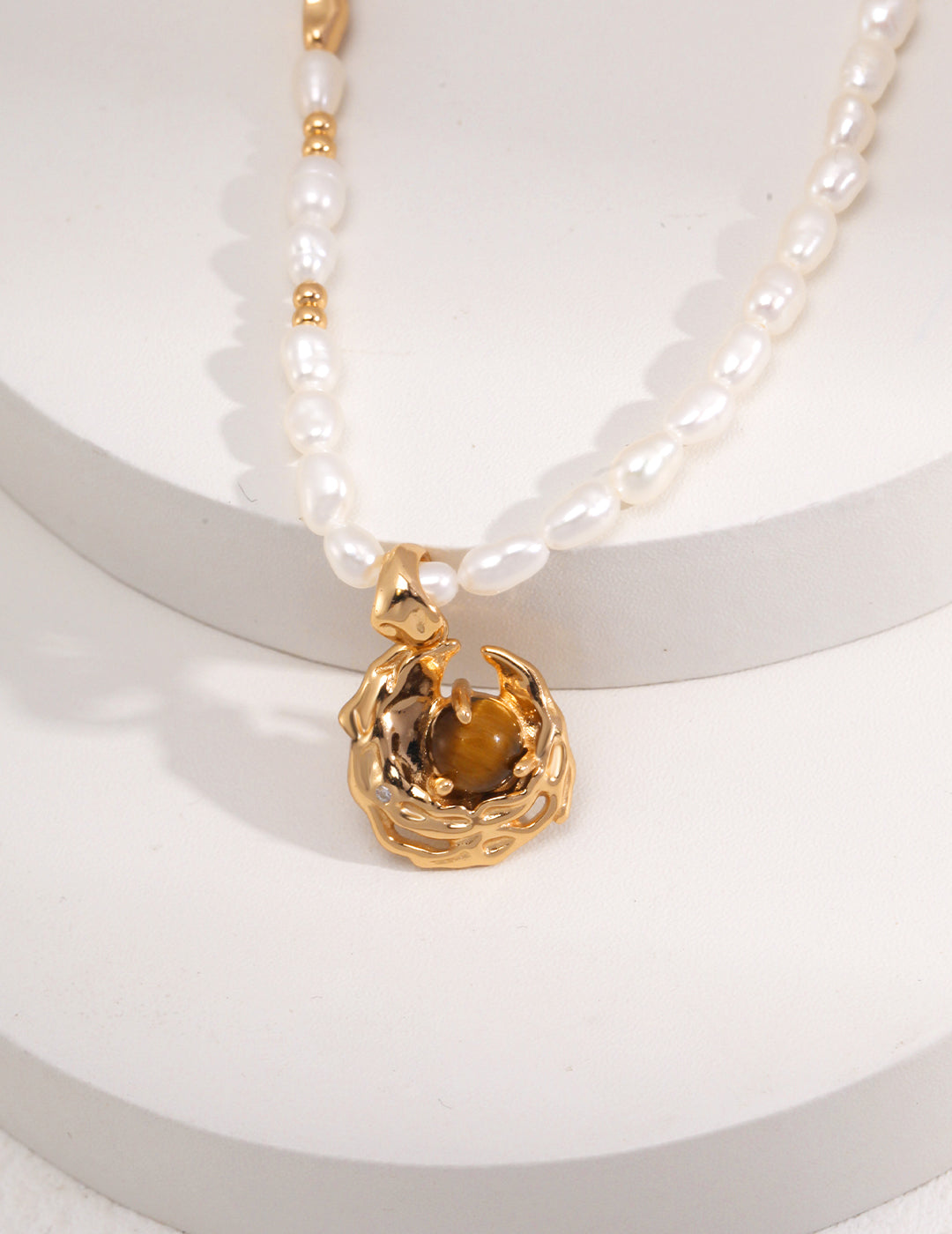 Tiger's Eye Pendant Necklace with Natural Pearls and Agate