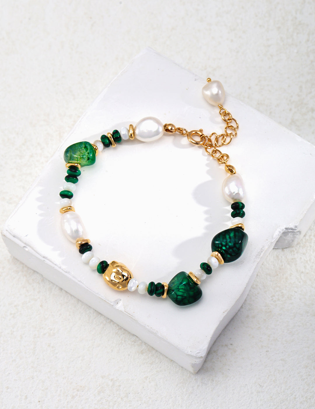 Green Agate and Malachite Bracelet with Baroque Pearl