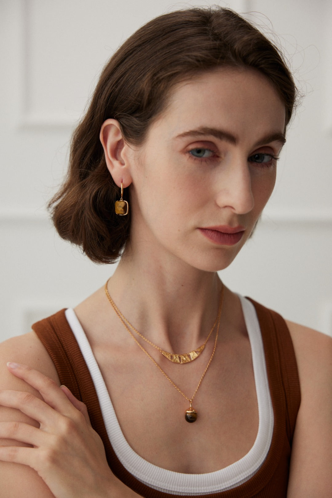 Tiger's Eye Drop with Gold-Plated Sterling Silver Huggie Earrings