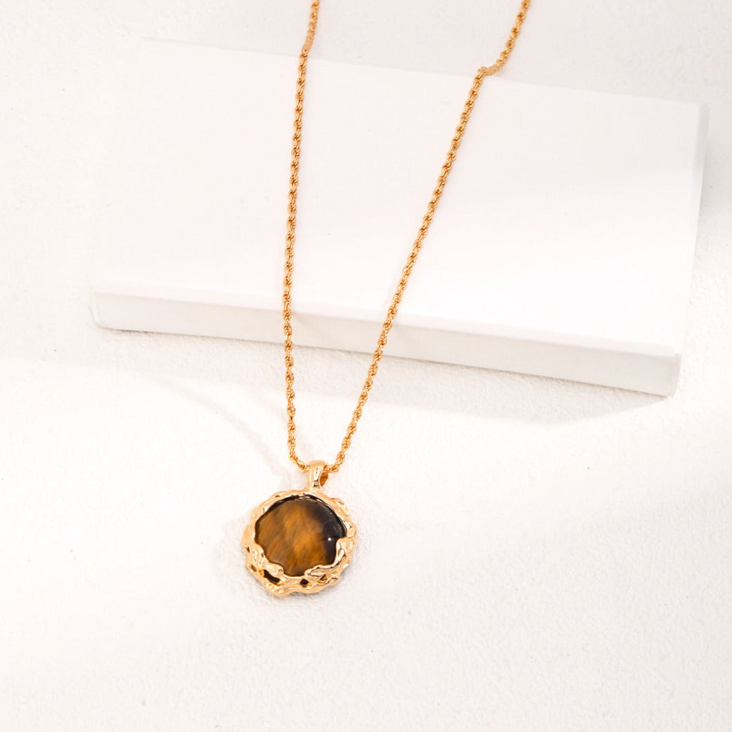 Tiger's Eye Pendant Necklace with Laver Pattern Sterling Silver