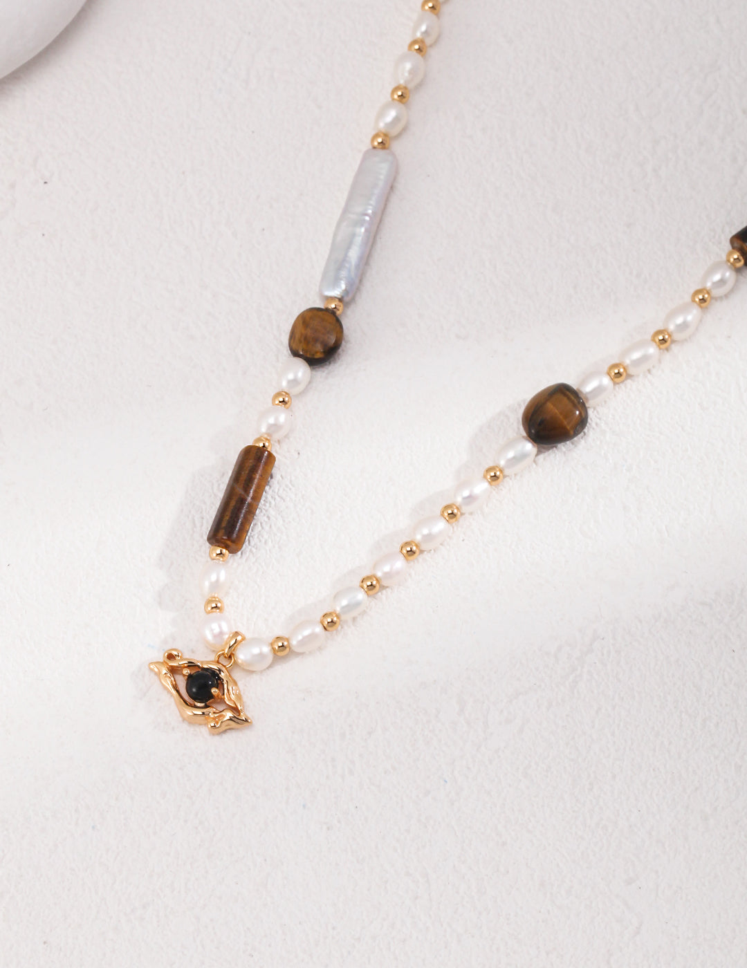 Tiger's Eye and Black Agate With Baroque Pearl Necklace & Earrings Set