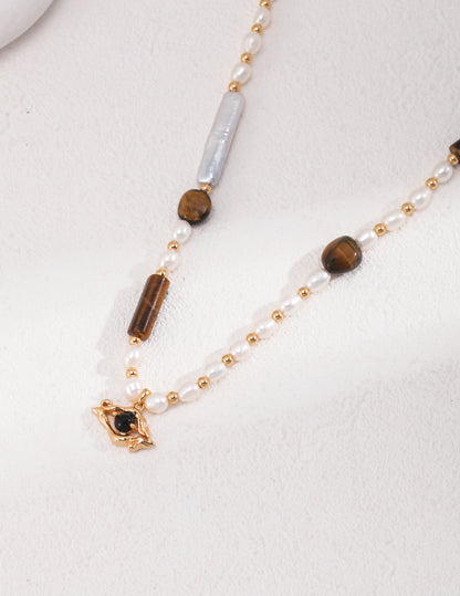 Tiger's Eye and Black Agate With Baroque Pearl Necklace & Earrings Set