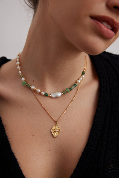 Aventurine and Baroque Pearl Necklace with Green Strawberries Quartz