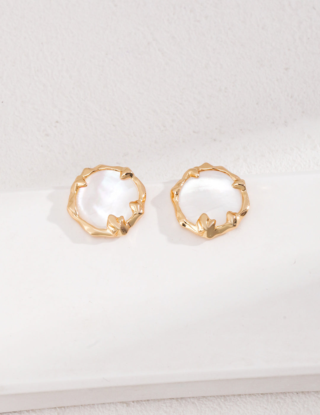 Round Shape Mother of Pearl and Gold Plated Sterling Silver Stud Statement Earrings