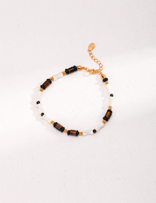 Tiger's Eye and Mother of Pearl Bracelet with Black Agate