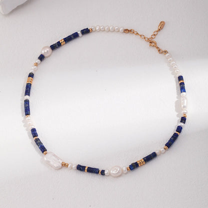 Lapis Lazuli and Natural Baroque Pearl Necklace with Gold Plated Sterling Silver Beads