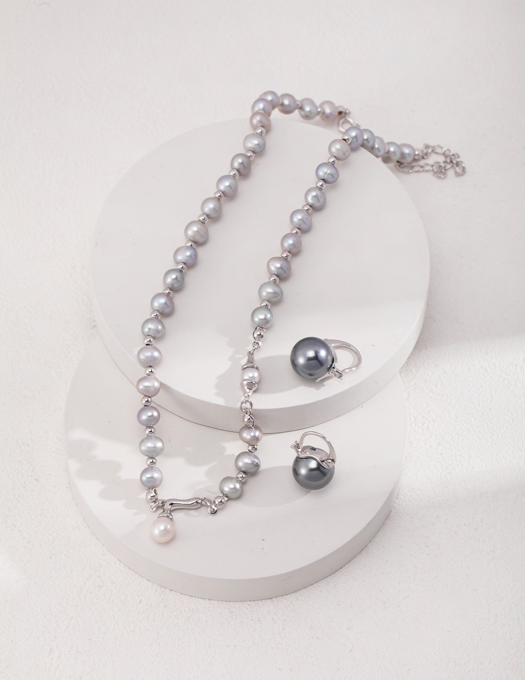 Grey Natural Pearl Sterling Silver Necklace with White Pearl Pendant