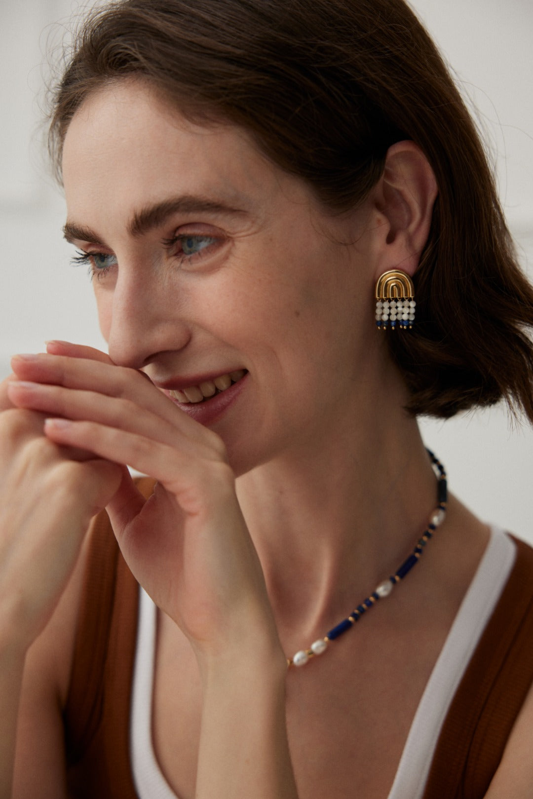 Rainbow Gold-Plated Sterling Silver Drop Earrings with Mother of Pearl and Lapis Lazuli