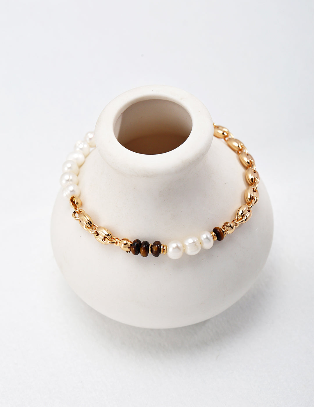 Tiger's Eye and Natural Pearl Bracelet with Gold-Plated Sterling Silver