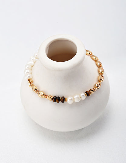 Tiger's Eye and Natural Pearl Bracelet with Gold-Plated Sterling Silver