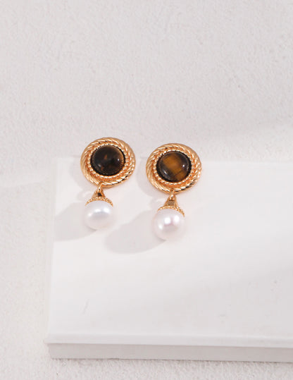 Tiger's Eyes and Natural Pearl Drop Earrings