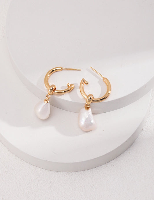 Baroque Pearl Drop Hoop Earrings in Gold-Plated Sterling Silver