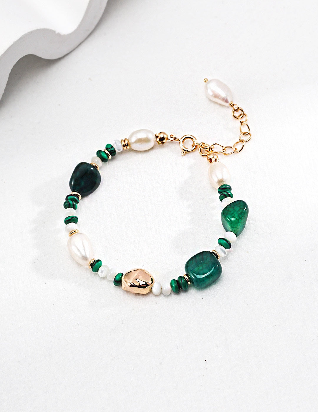 Green Agate and Malachite Bracelet with Baroque Pearl