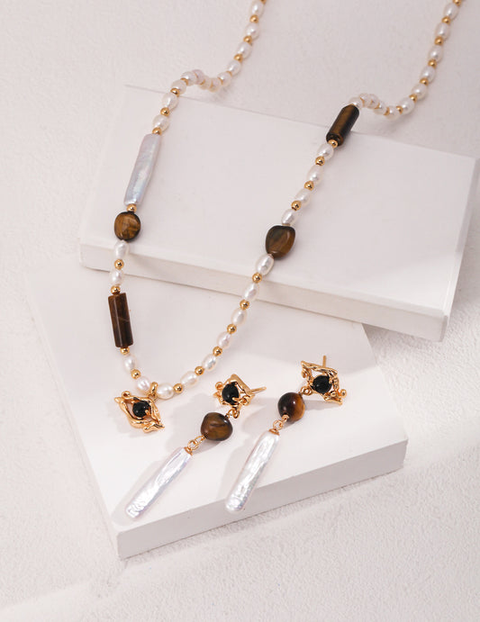 Tiger's Eye and Black Agate With Baroque Pearl Necklace & Earrings Set