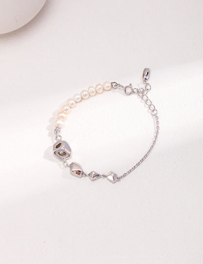 Hallow Style Sterling Silver with Natural Pearl Bracelet