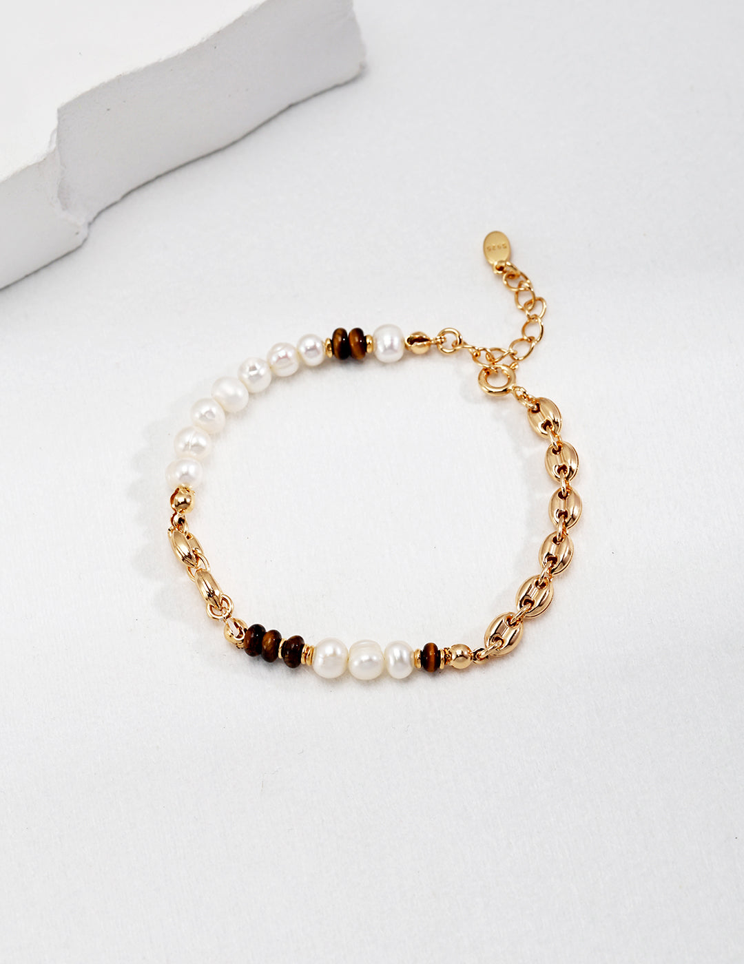 Tiger's Eye and Natural Pearl Bracelet with Gold-Plated Sterling Silver