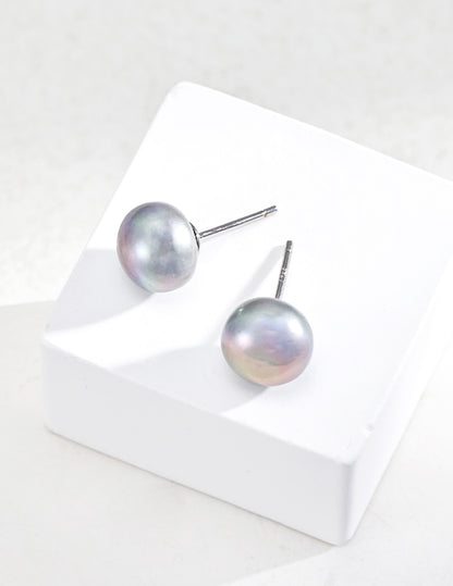 Grey Button Pearl Stud Earrings