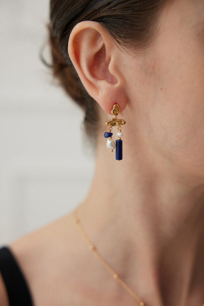 Lapis Lazuli and Natural Pearl Earrings with Gold-Plated Sterling Silver